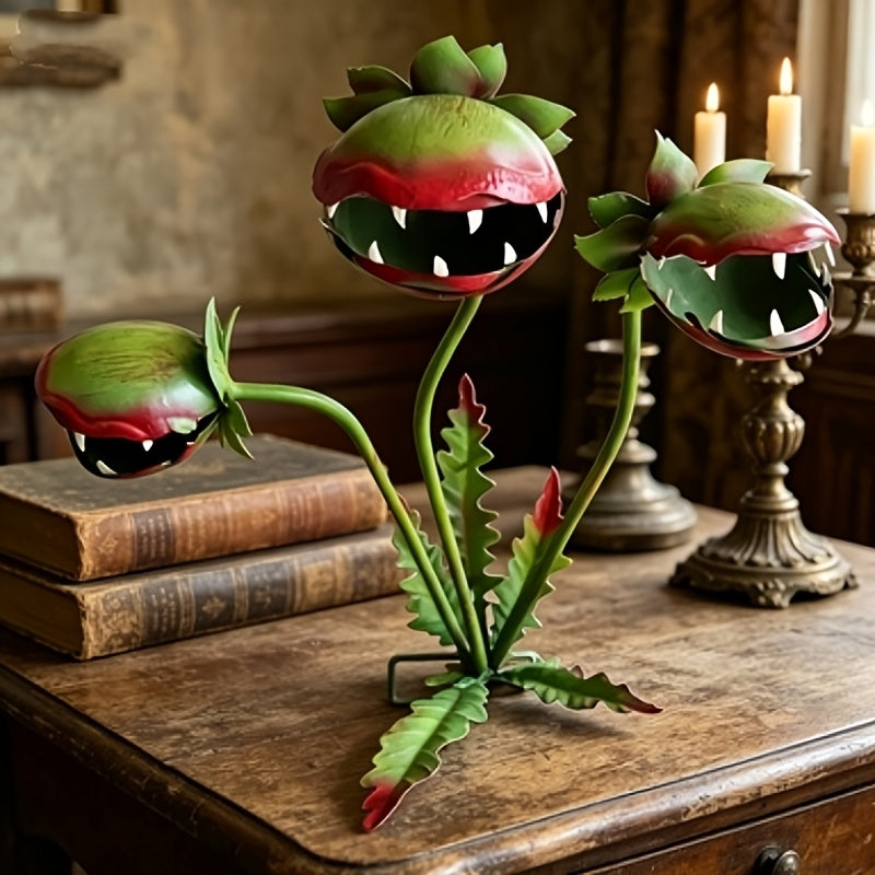 [3D] [3D] Fun Meat Garden Plaque, Garden Decor for Outside, Halloween Decorations, 3D Terrifying Painted Metal Three-headed Outdoor Flower Meat Sculpture Plaque, Garden Vegetable Climbing Structure, Flowerpots, Garden And Lawn Decoration Plaque