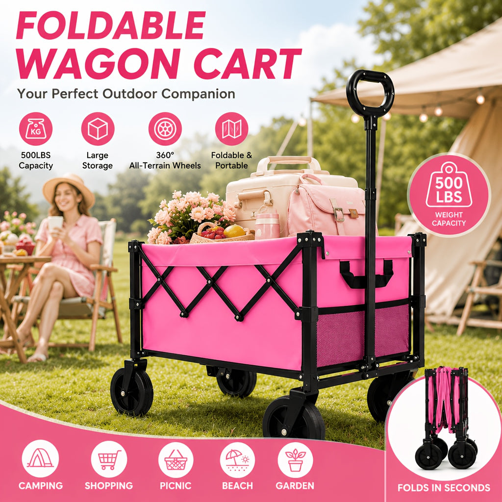 Pink Foldable Wagon Cart, Heavy Duty Collapsible Utility Wagon with Adjustable Handle & All-Terrain Wheels, Perfect for Camping, Picnic, Beach Days, Shopping And Outdoor Activities