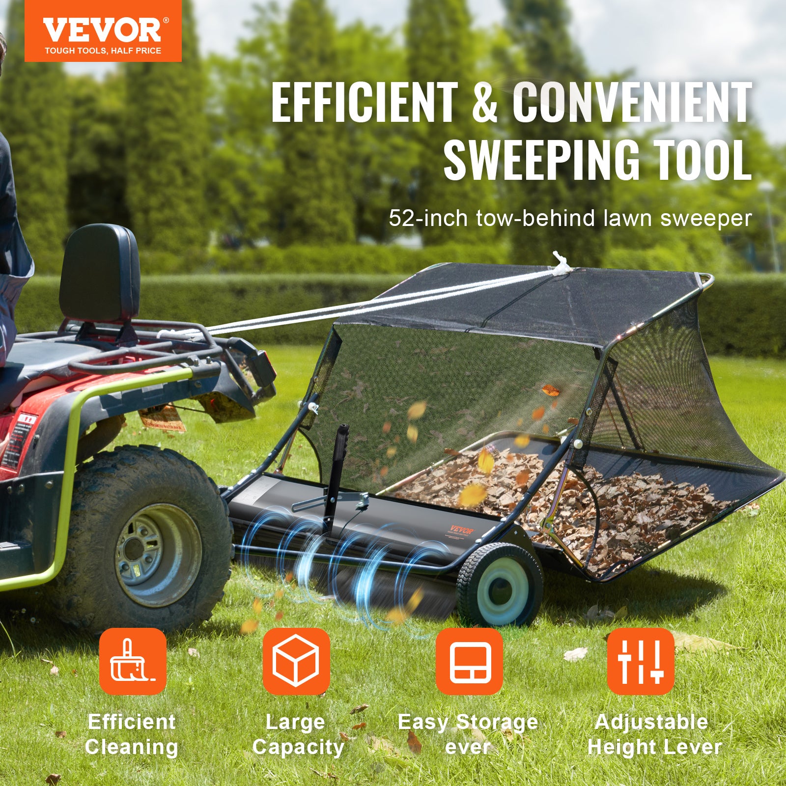 VEVOR Push Lawn Sweeper, 21-inch Leaf & Grass Collector, Strong Rubber Wheels & Heavy Duty Thickened Steel Durable to Use with Large Capacity 3.5 cu. ft. Mesh Collection Bag, 2 Spinning Brushes