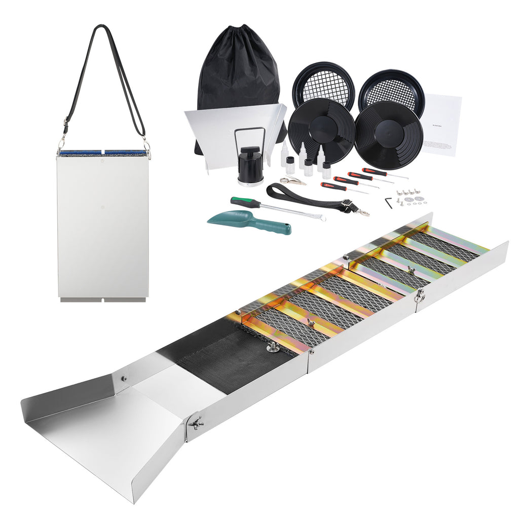 VEVOR Folding Sluice Box Gold Panning Kit, 50 Inch 23pc Gold Prospecting Equipment Kit with Gold Pan, Classifier Screen, Separating Magnet, Backpack and More