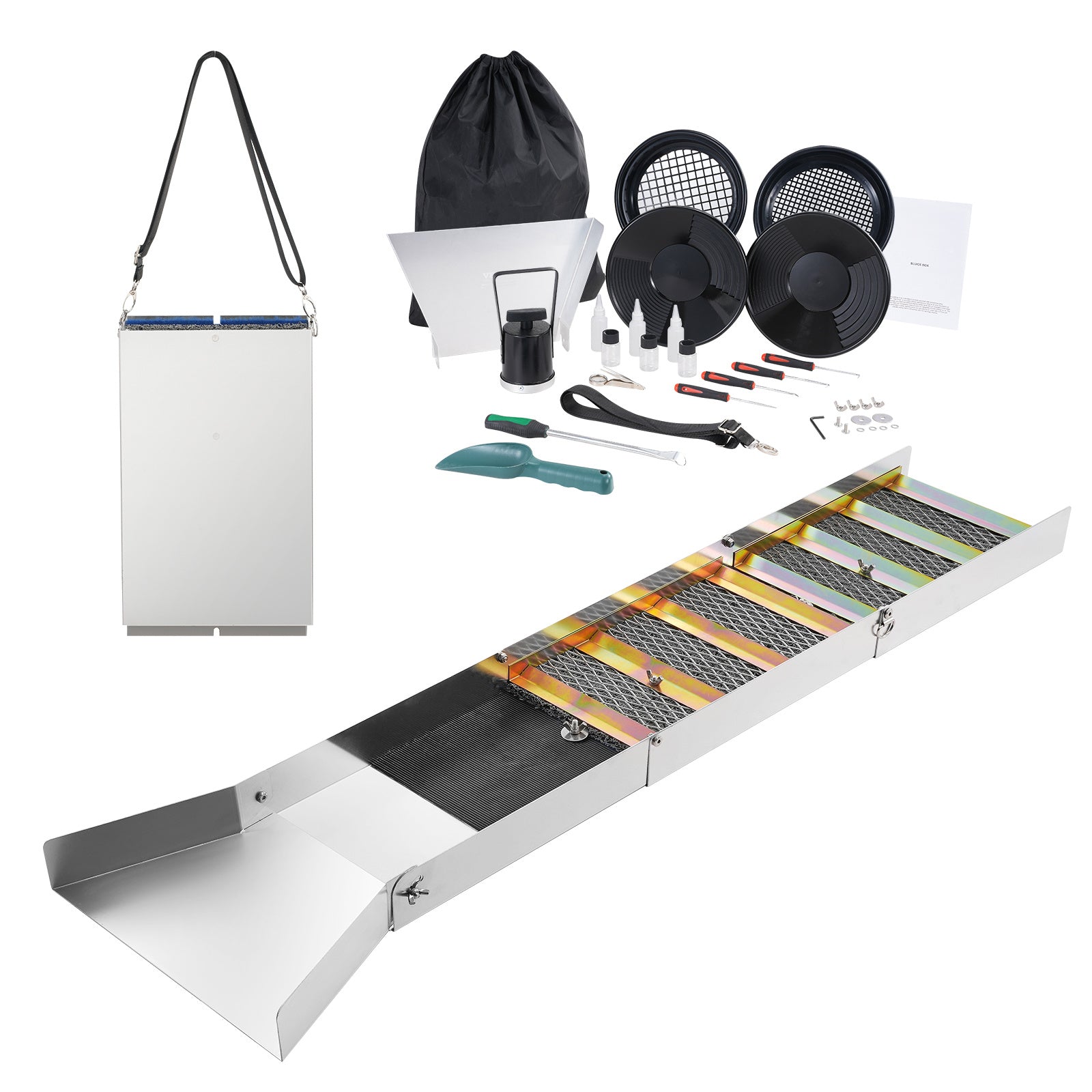 VEVOR Folding Sluice Box Gold Panning Kit, 50 Inch 23pc Gold Prospecting Equipment Kit with Gold Pan, Classifier Screen, Separating Magnet, Backpack and More
