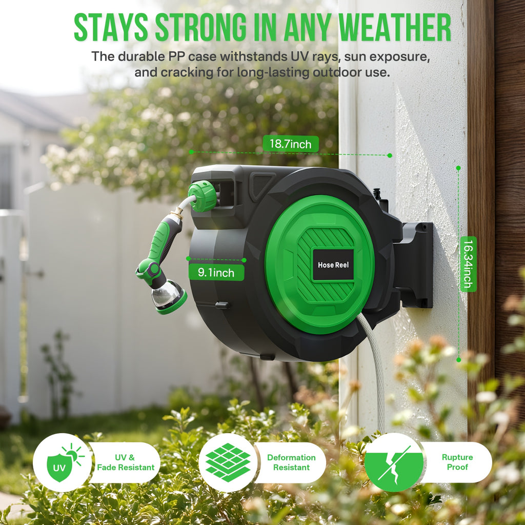 100ft/150ft Retractable Garden Hose Reel, Heavy-Duty Wall Mounted Water Hose with Any-Length Locking System, 10 Spray Modes Adjustable Nozzle, 180° Swivel Bracket, Auto Rewind for Gardening, Car Wash & Patio Cleaning.