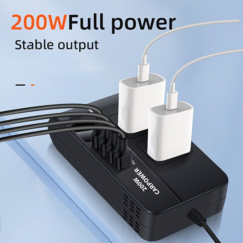 1pc 200W Car Inverter DC 12V to 110V AC Power Inverters for Vehicles with PD 20W USB-C, Dual USB Ports And QC3.0 Fast Charging Ports Car Charger Adapter And with Cigarette Lighter Hole