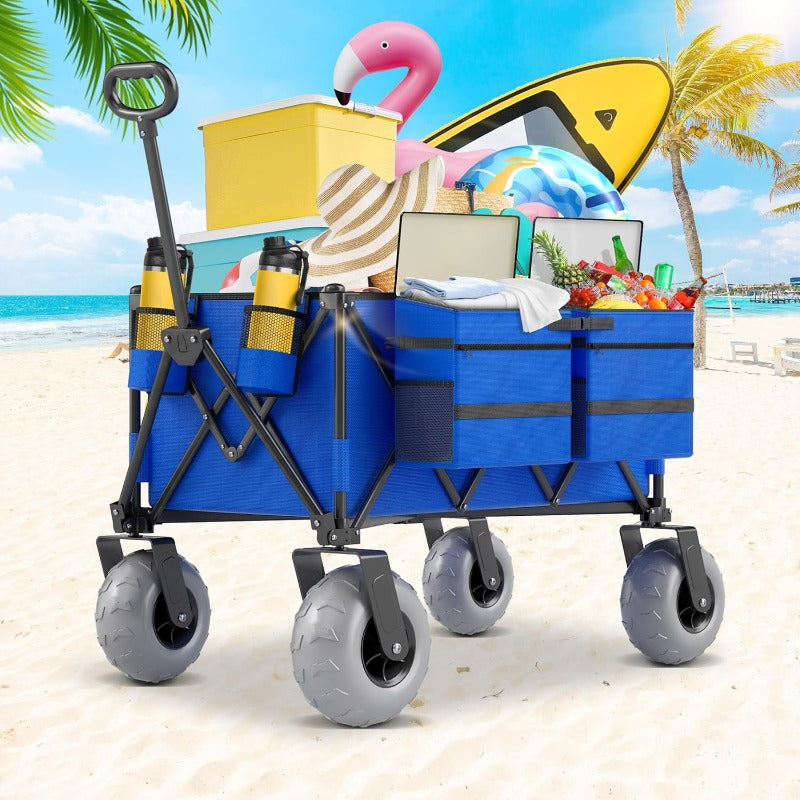 [Beach Cart & Wagon] Heavy-Duty Large Wheel Beach Cart & Transport Wagon with 450 lbs Capacity, 68.68gal Capacity, 9-Inch All-Terrain Tires, Foldable Design, Adjustable Handlebar & Storage Bag & Cooler - Sturdy Multi-Layer Carbon Steel Frame, Reinforced P