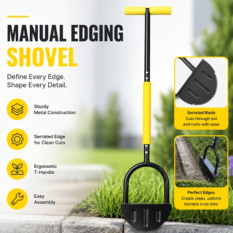 1 Manual Lawn Edging Scissors: Professional Edge Lawn Tool, Heavy Duty Steel Half Moon & Saw-Tooth Blade for Clean Borders, Long Handle Reduces Back Strain, Manual Edger Ideal for Garden Edges, Sidewalks, Flower Beds
