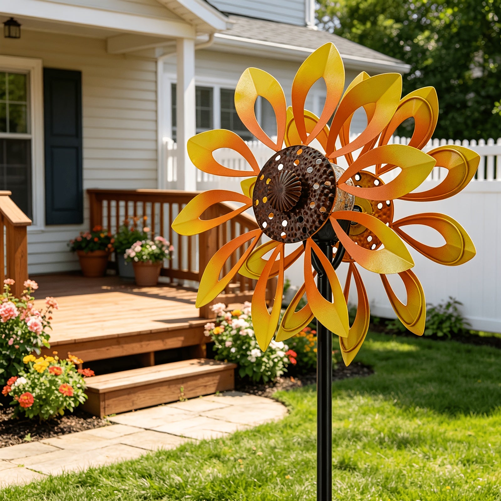 Outdoor Patio Landscape Decor, Solar Powered Metal Sunflower Wind Spinner with Night Glow Light, Collects Sun Energy During The Day And Shines After Dark, Weatherproof Kinetic Rotation Design for Garden Yard Lawn Decorative Ornament