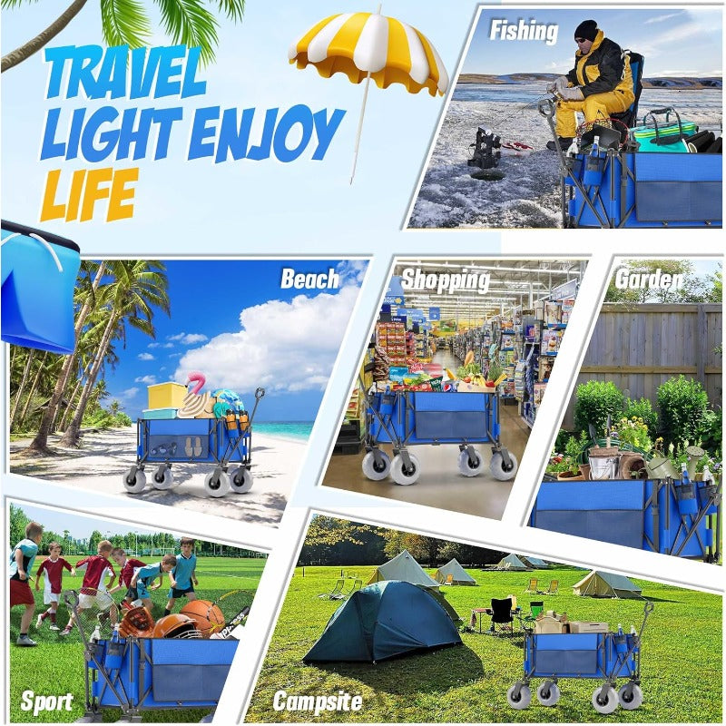 [Beach Cart & Wagon] Heavy-Duty Large Wheel Beach Cart & Transport Wagon with 450 lbs Capacity, 68.68gal Capacity, 9-Inch All-Terrain Tires, Foldable Design, Adjustable Handlebar & Storage Bag & Cooler - Sturdy Multi-Layer Carbon Steel Frame, Reinforced P
