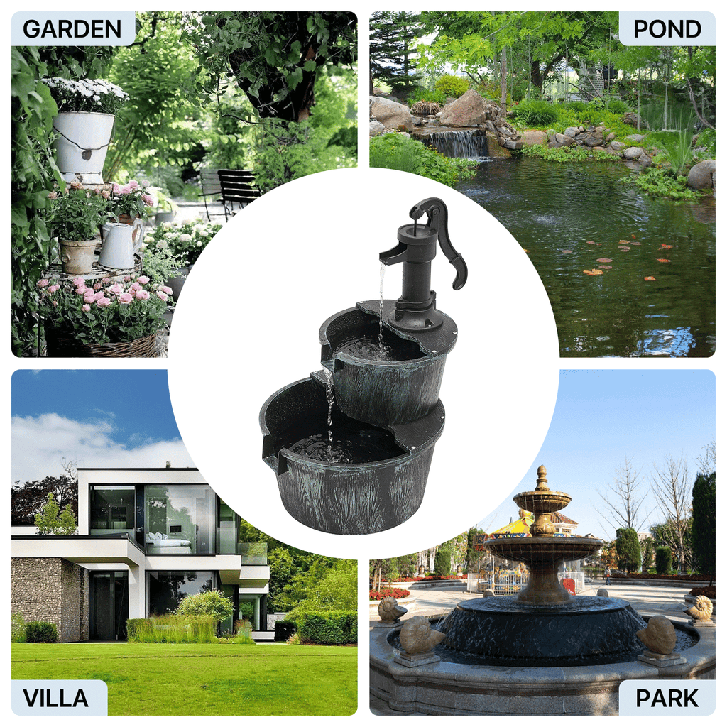 Water Fountains, 27" Tall 2-Tier Barrel Waterfall Fountain for Patio Garden Backyard Decking, 11L Water Capacity