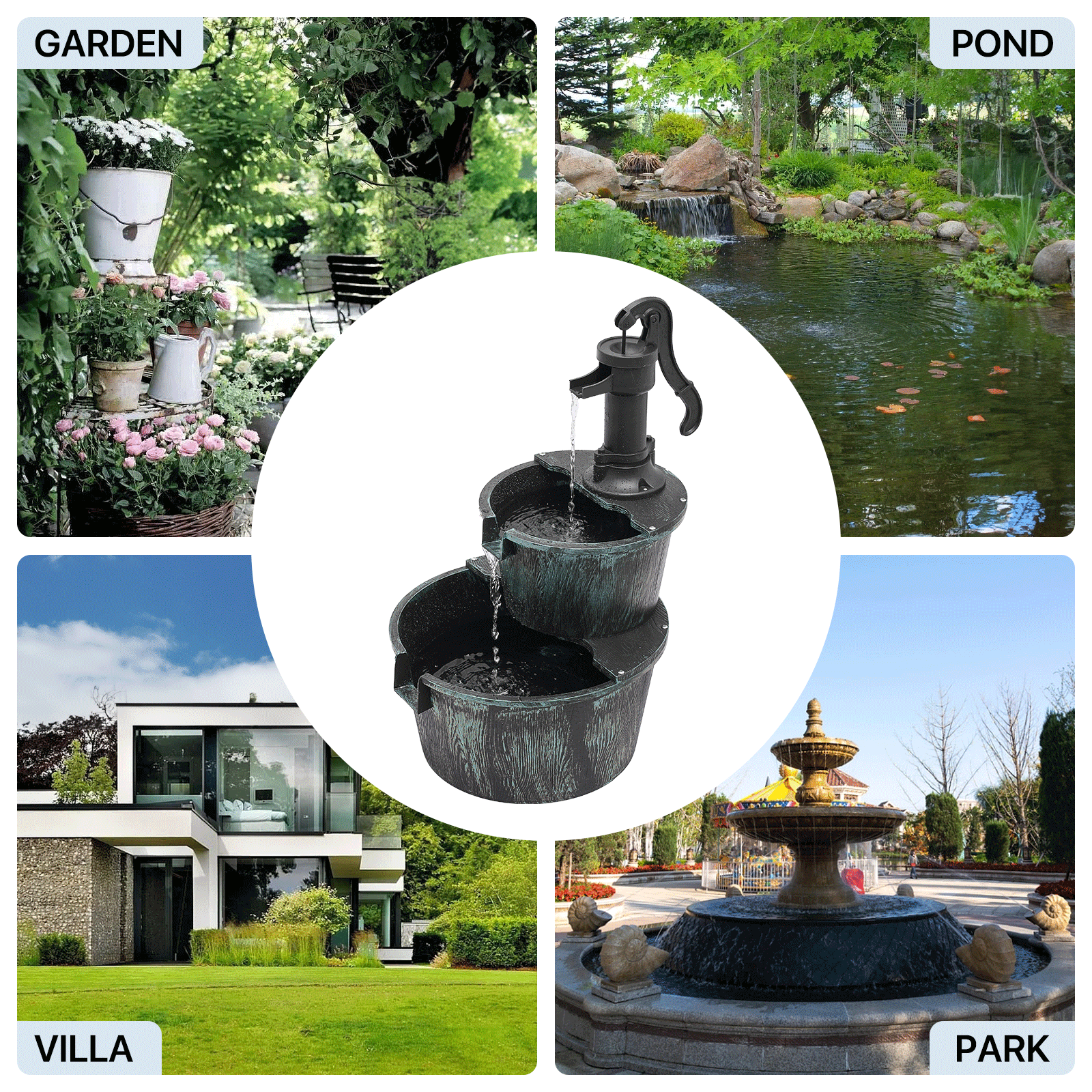 Water Fountains, 27" Tall 2-Tier Barrel Waterfall Fountain for Patio Garden Backyard Decking, 11L Water Capacity