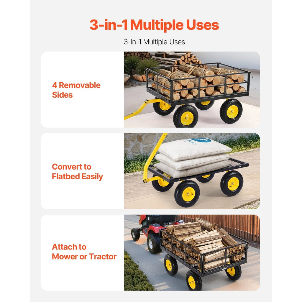 Vevor 500/1200/1400 Lbs Steel Garden Cart, Heavy Duty Pullable Cart with Wheels for Garden, Metal Yard Utility Wagon with 10" All Terrain Tires, Removable Mesh Sides and 180° Rotating Handle