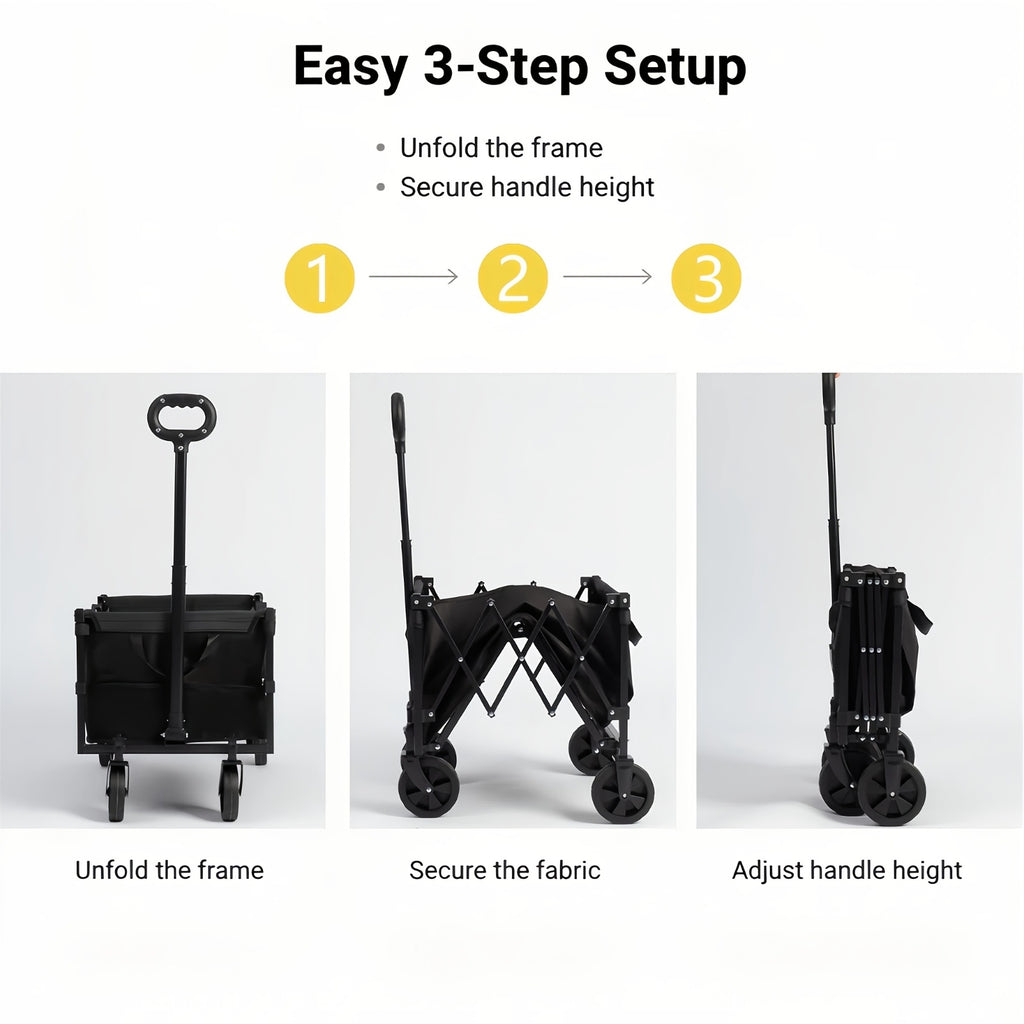 Heavy-Duty Collapsible Handcart with a Stainless Steel Frame And 600D Oxford Fabric, Equipped with All-Terrain Wheels, Ideal for Camping, Gardening, Beach Outings, Shopping, And Transporting Goods. It Features Compact Storage And a Robust Design