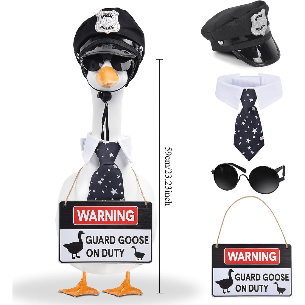 4 Pieces23 Inch Porch Goose Outfit Police Guard Costume With Hat Fashion Glasses Tie Warning Sign, Funny Security Themed Lawn Goose Clothes For 23 Inch Large Garden Goose Statue, Yard Porch Decor Gift (Goose Not Included)