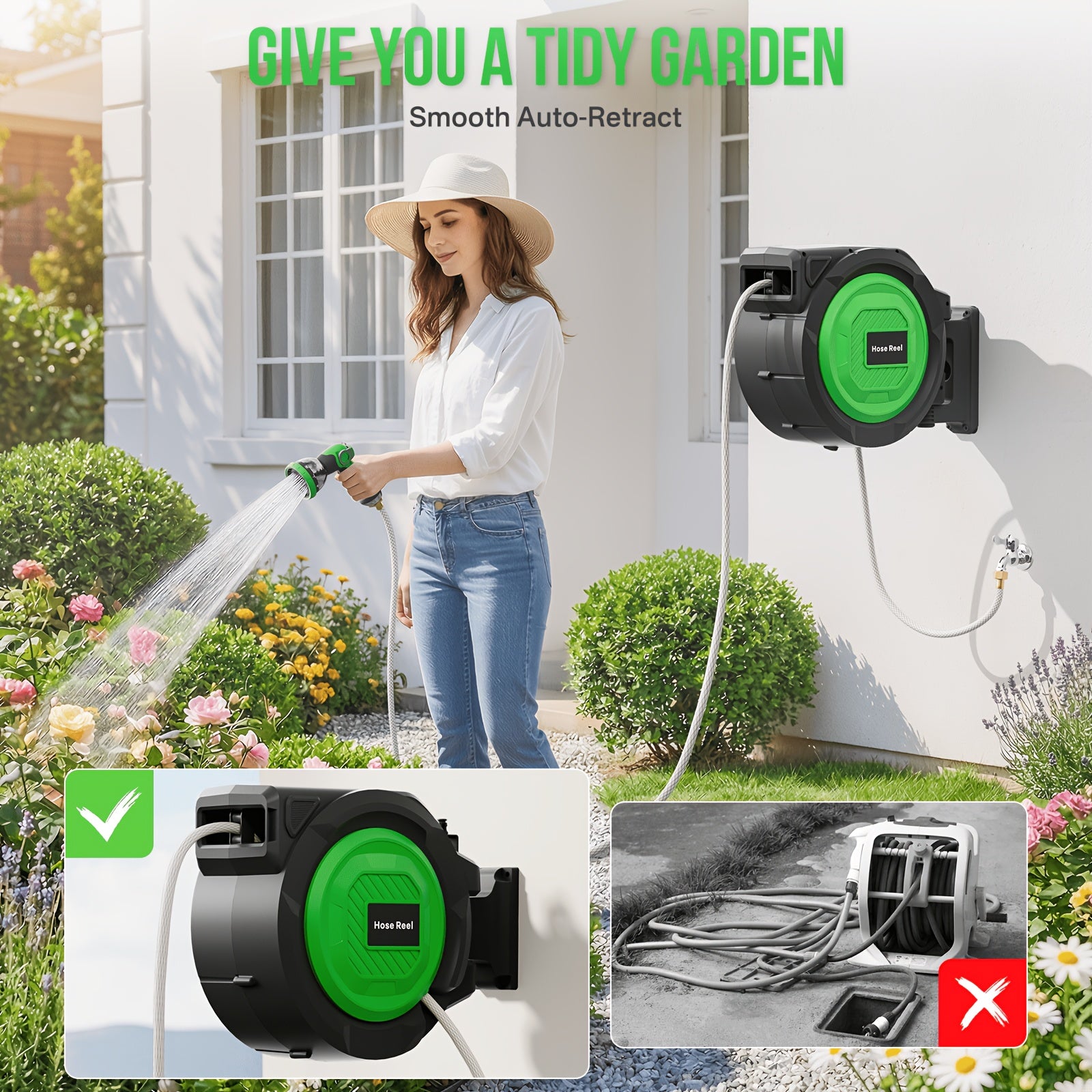 100ft/150ft Retractable Garden Hose Reel, Heavy-Duty Wall Mounted Water Hose with Any-Length Locking System, 10 Spray Modes Adjustable Nozzle, 180° Swivel Bracket, Auto Rewind for Gardening, Car Wash & Patio Cleaning.