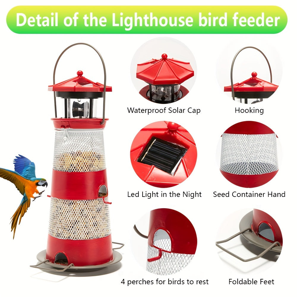 Solar Bird Feeder Lighthouse Hanging Outdoor Birdfeeder Garden Lantern LED Lights Backyard Decor Patio Gifts for Bird Lovers