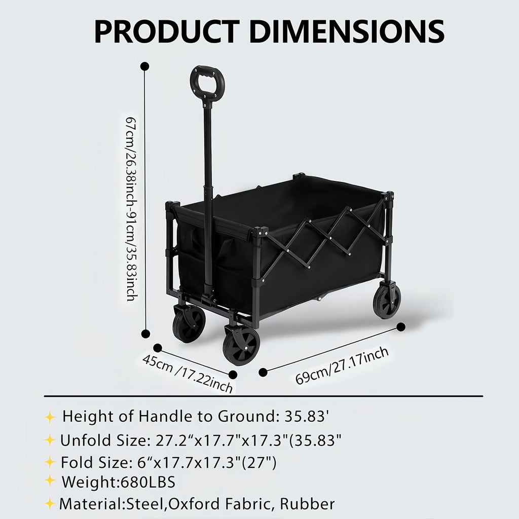 Heavy-Duty Collapsible Handcart with a Stainless Steel Frame And 600D Oxford Fabric, Equipped with All-Terrain Wheels, Ideal for Camping, Gardening, Beach Outings, Shopping, And Transporting Goods. It Features Compact Storage And a Robust Design