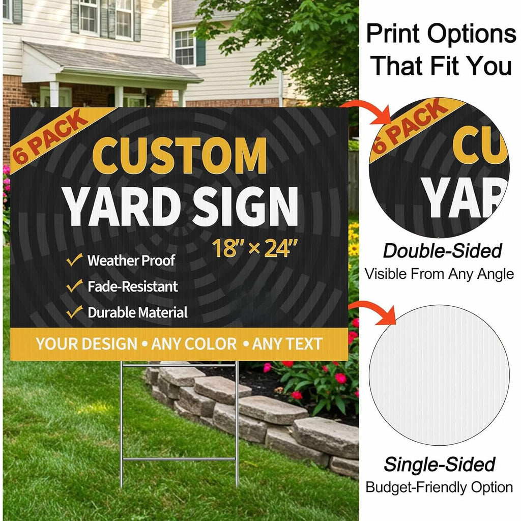 【2D Flat】 Custom Yard Sign 6 Pack - 18"x24" Corrugated Plastic (4mm) - Single Sided, Design with Your Image Includes Metal H-Shaped Stake for Outdoor Use: Event, Advertising, Professional, Weatherproof Signage
