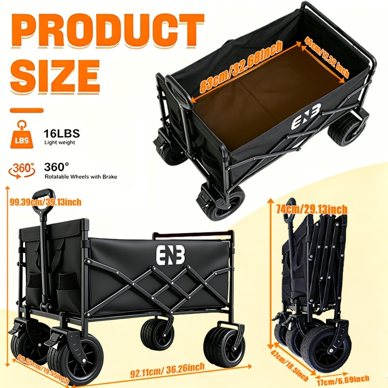Quiet All-Terrain Folding Multifunctional Shopping Cart, Large Storage Capacity, One-Button Folding for Easy Storage, Black Oxford Fabric with Side Cup Holders, Ideal for Camping, Outings, Gardening, And Heavy-Duty Grocery Hauling