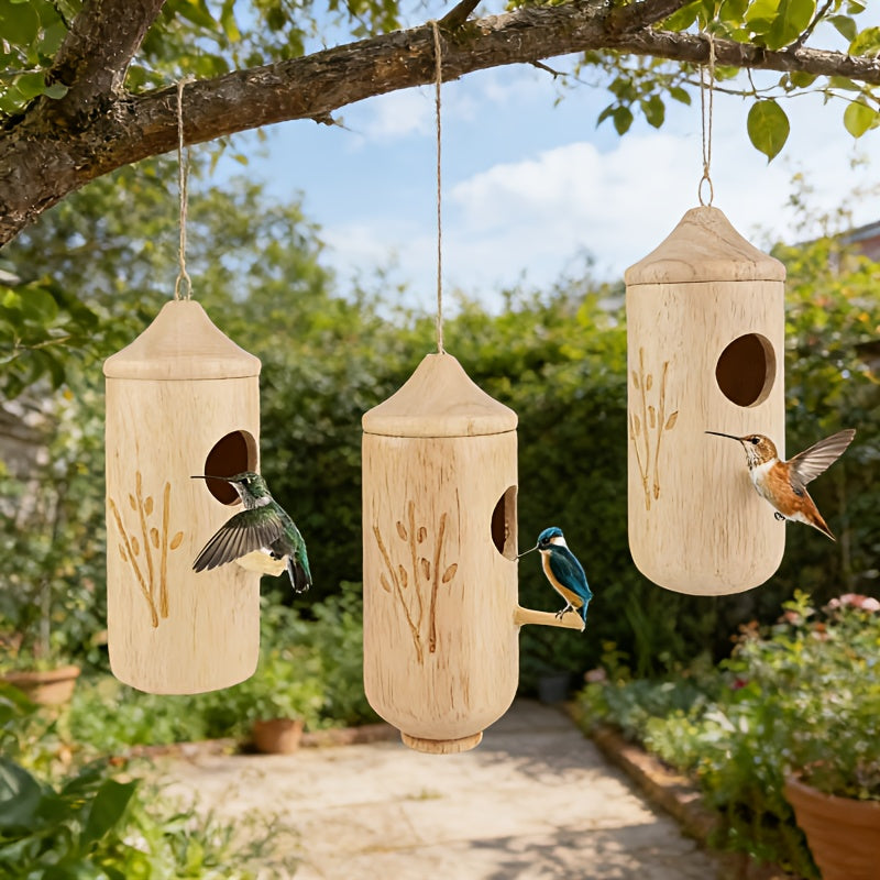 3pcs Natural Wood Hummingbird House & Bird Feeder - Rustic Outdoor Garden Nest Suitable for Hanging, Bird Shelter with Feeder, Wood for, Balcony, Garden Decor - Gift for Bird Lovers