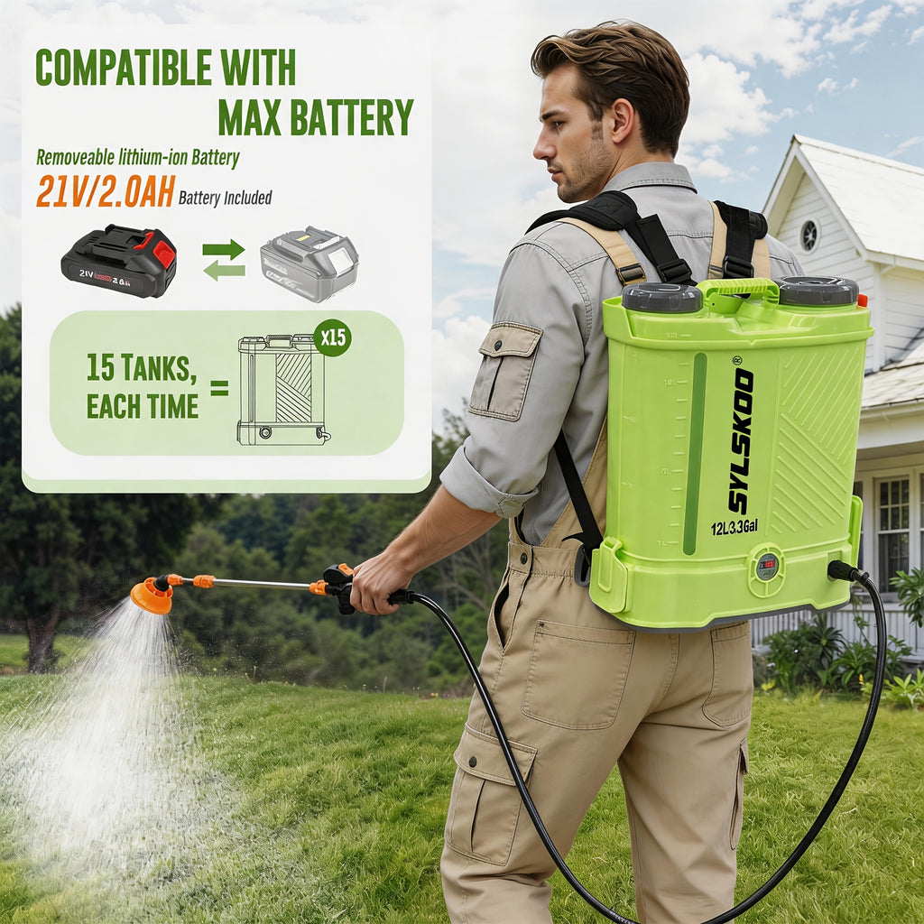 3.2 Gallon Backpack Sprayer Battery Powered, 0-80 PSI Adjustable Pressure Sprayer Compatible with 18V Battery, Electric Sprayer with Steel Telescopic Spray Wand, 5 Nozzles, 2.0Ah Battery&Charger Included