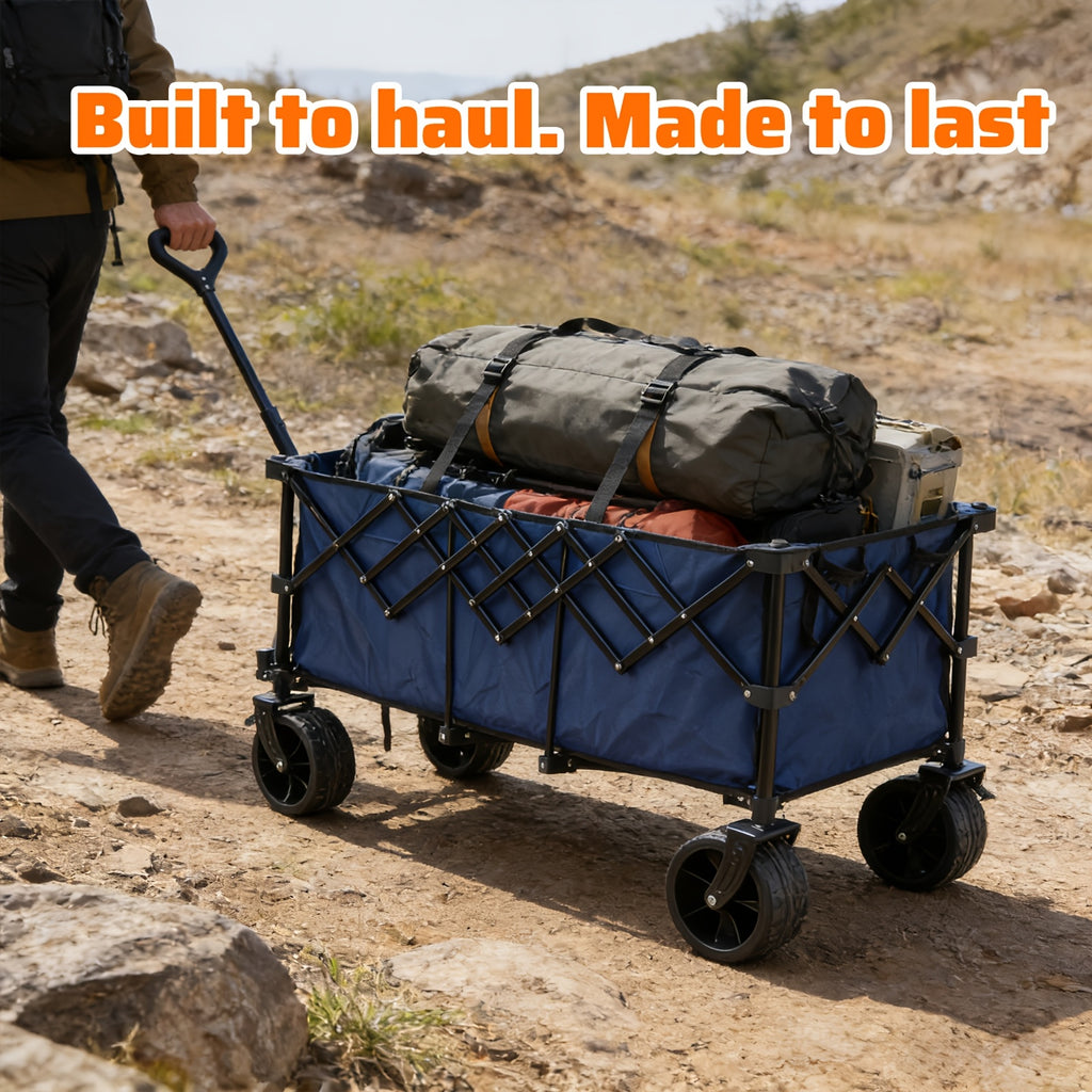 Collapsible Wagon Cart - 440Lbs Foldable Extra Long Heavy Duty Utility Wagon with Wheels, Portable Storage Grocery Cart for Camping, Shopping, Sports, Beach, Garden