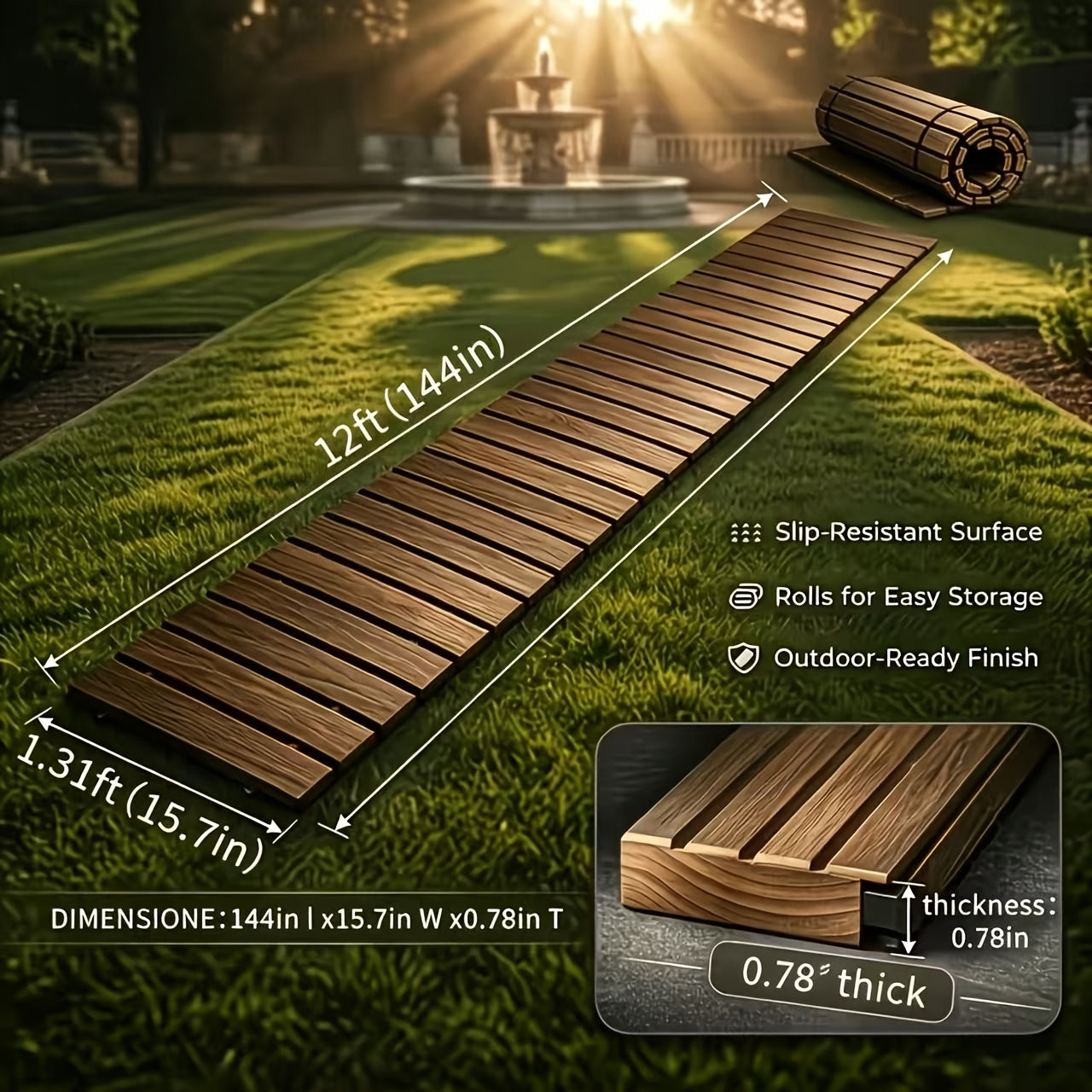 Roll-Up Wooden Garden Walkway, Slip-Resistant And Weather-Resistant Outdoor Path, Suitable for Lawns, Terraces, Courtyards, And Flower Bed Edges