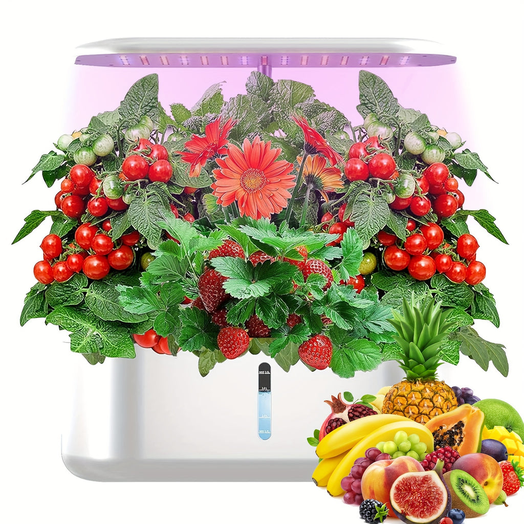 Indoor Herb Garden Kit Featuring a Hydroponic System with 10 Pods, Two Bottles of Nutrients, a 1-Gallon Water Tank, an Automatic Timer, And Adjustable Height Up to 20 Inches. It Includes Grow Lights And a Quiet Water Pump