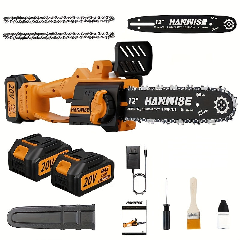 [Handheld Chainsaw] HANWISE 12-inch Handheld Cordless Electric Chainsaw, 3500 RPM, with Battery, Splash Guard, Safety Lock, and Deluxe Accessories. Suitable for Garden, Yard, and Camping Use for Trimming Branches. An Essential Gardening Tool, a Must-have