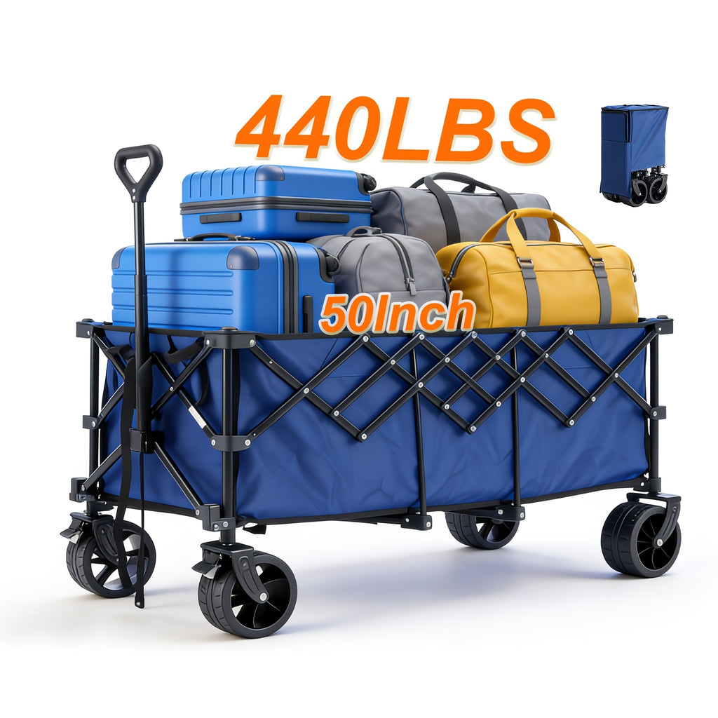 Collapsible Wagon Cart - 440Lbs Foldable Extra Long Heavy Duty Utility Wagon with Wheels, Portable Storage Grocery Cart for Camping, Shopping, Sports, Beach, Garden