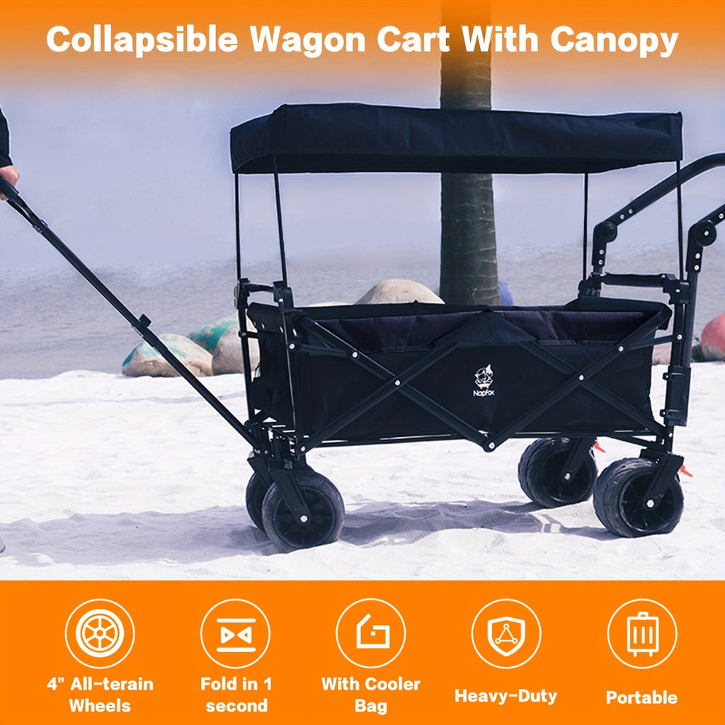 Collapsible Wagon Cart Heavy Duty Folding Cart Utility Wagon All Terrain Beach Wheels Large Capacity Beach Wagon Cart with Brake & Steel Frame Outdoor Garden Cart for Beach Shopping Camping