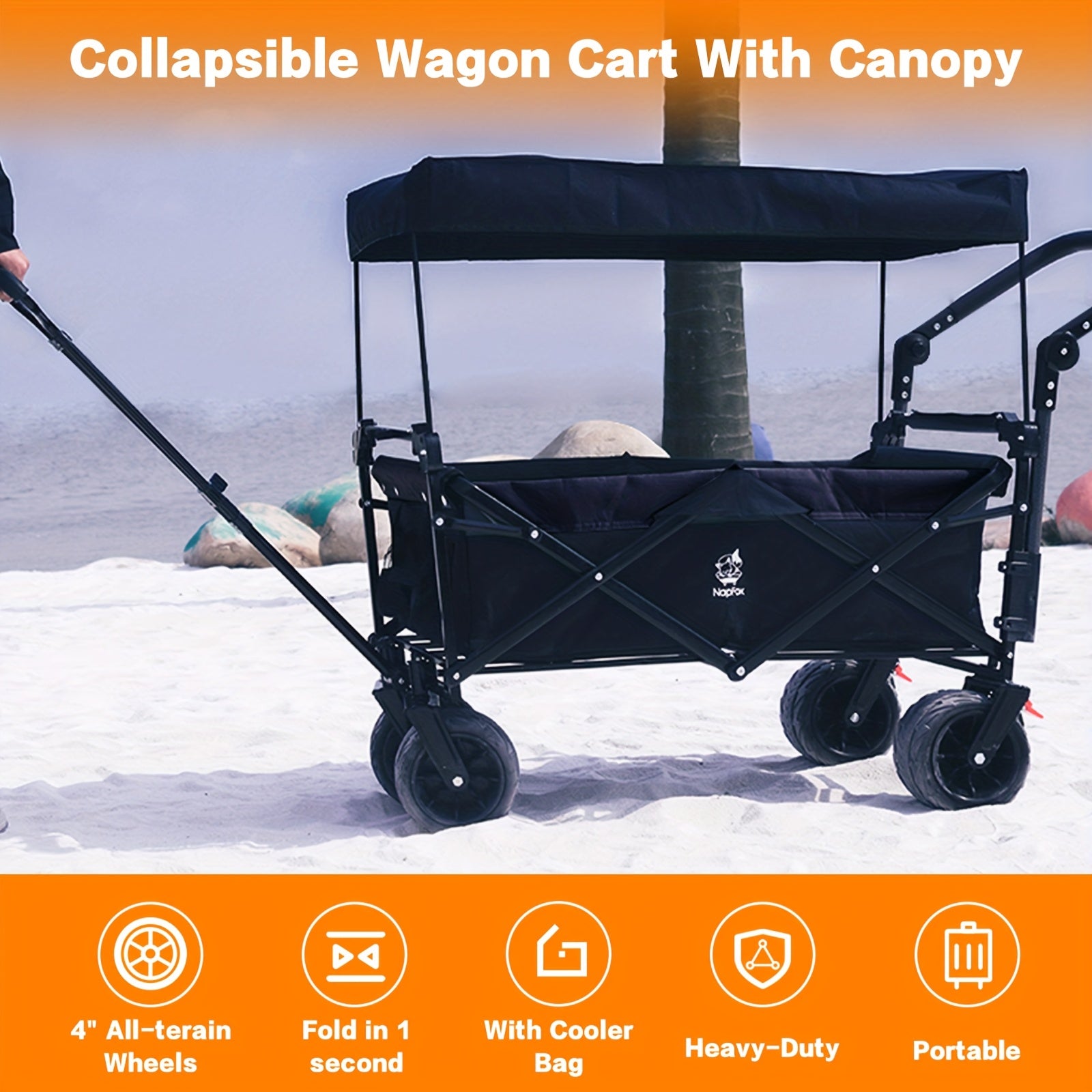 Collapsible Wagon Cart Heavy Duty Folding Cart Utility Wagon All Terrain Beach Wheels Large Capacity Beach Wagon Cart with Brake & Steel Frame Outdoor Garden Cart for Beach Shopping Camping