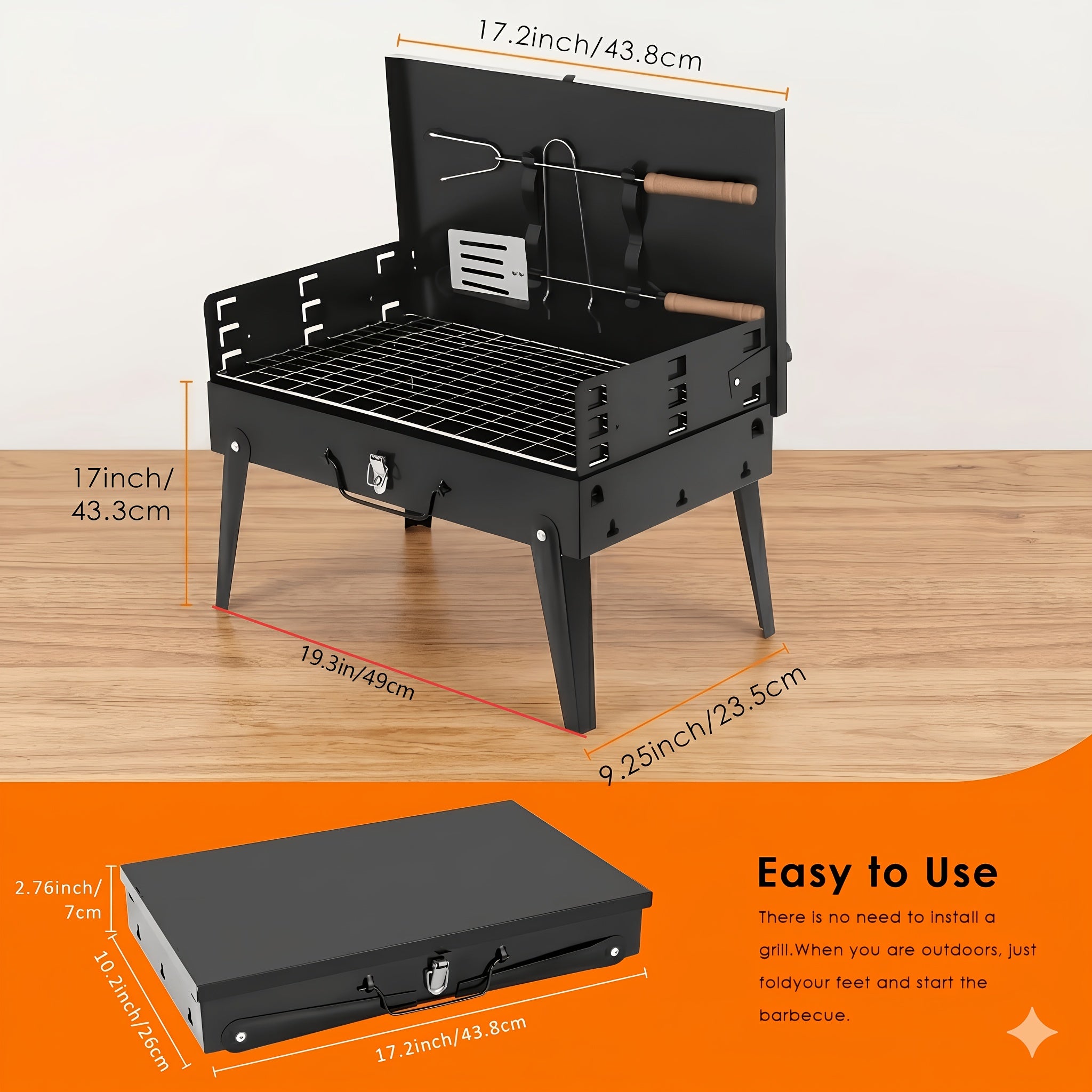 Portable Charcoal BBQ Grill, Small Outdoor Foldable Barbecue Grill, Collapsible Camping Grill with BBQ Accessories & Windshield, Ideal for Outdoor Picnic & Backyard Use, Father's Day Gift for Dad, BBQ Gifts for Men