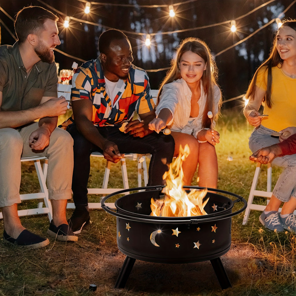 LEADZM 30in Round with Carrying Ring Mesh Lid Star And Moon Hole Wood Burning Fire Pit Iron Black