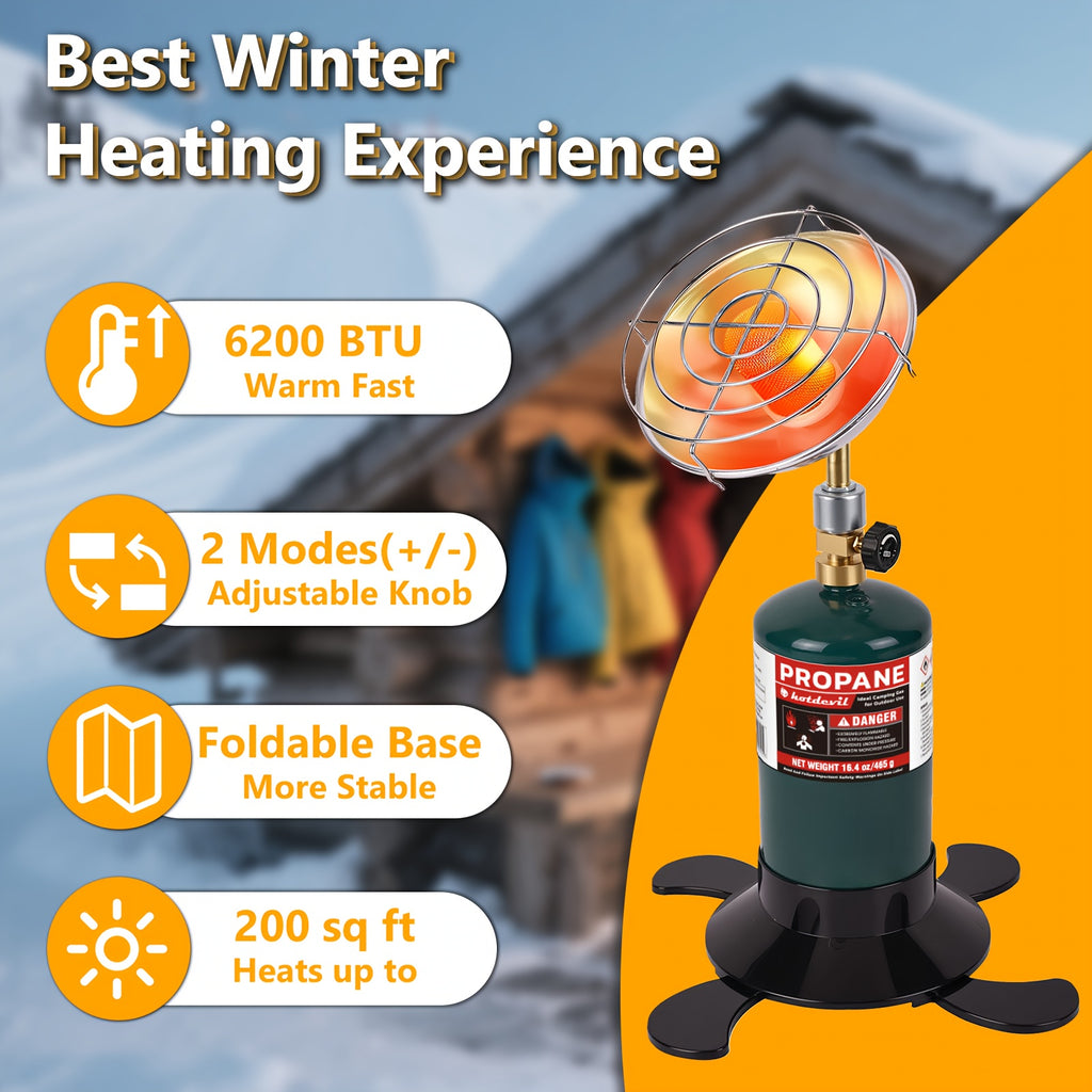 Compact Propane Heater Designed for Outdoor Camping, Offering 6200BTU Power with a Control Valve. This Patio Heater Is Compatible with a 1Lb Propane Gas Tank, Making It Ideal for Tents, Garages, And Fishing Trips