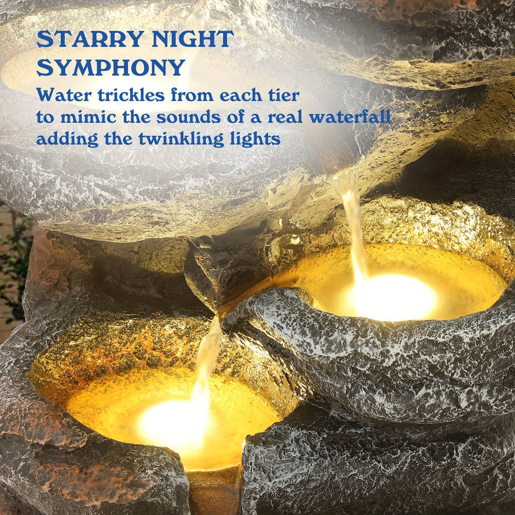 6-Tier Cascading Rockery IPX5 Outdoor Fountain, Garden Floor-Standing Stone Waterfall Fountains with Pump Rocky Peak Decor, Soothing Tranquility Water Fountain for Home Garden Yard, 26" H