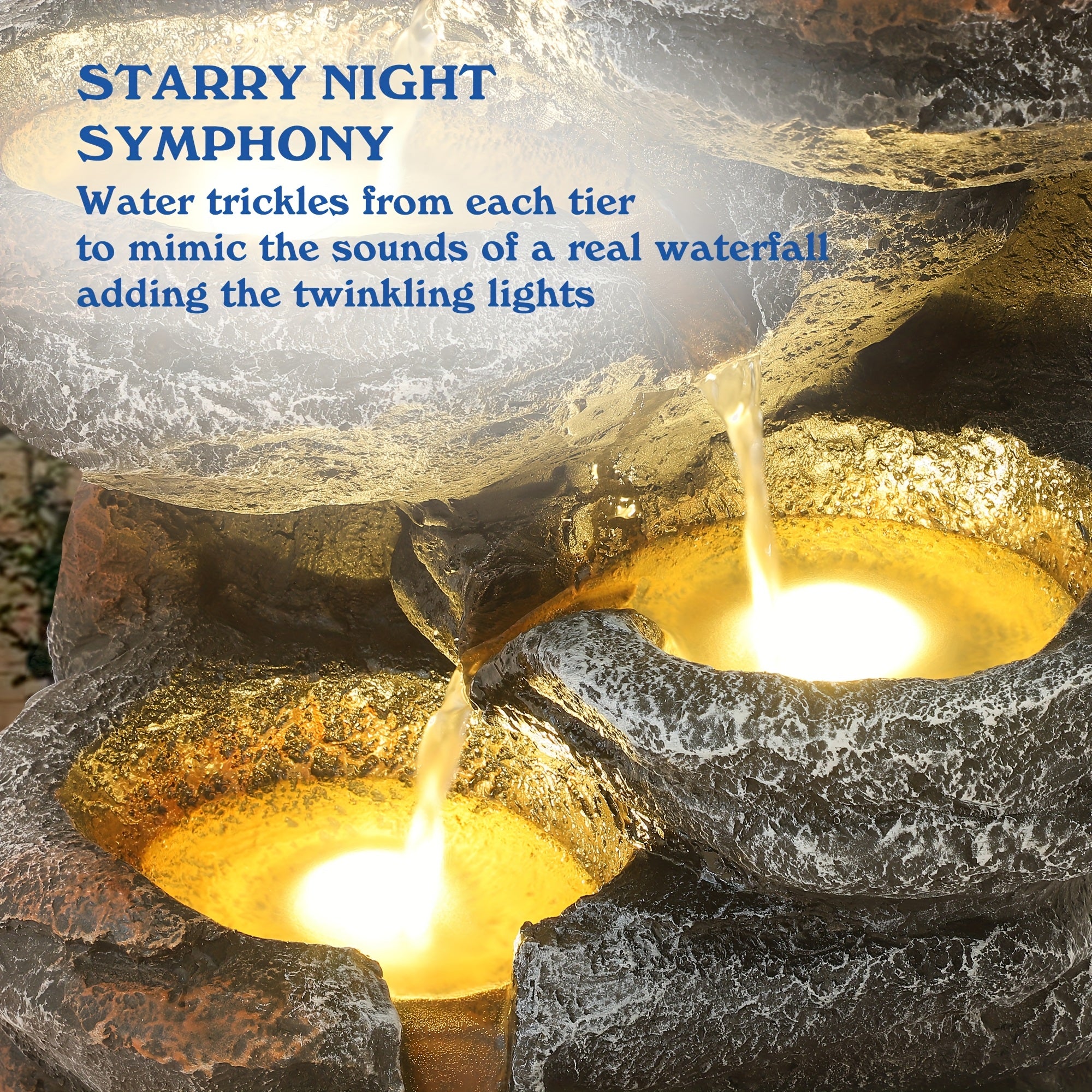 6-Tier Cascading Rockery IPX5 Outdoor Fountain, Garden Floor-Standing Stone Waterfall Fountains with Pump Rocky Peak Decor, Soothing Tranquility Water Fountain for Home Garden Yard, 26" H