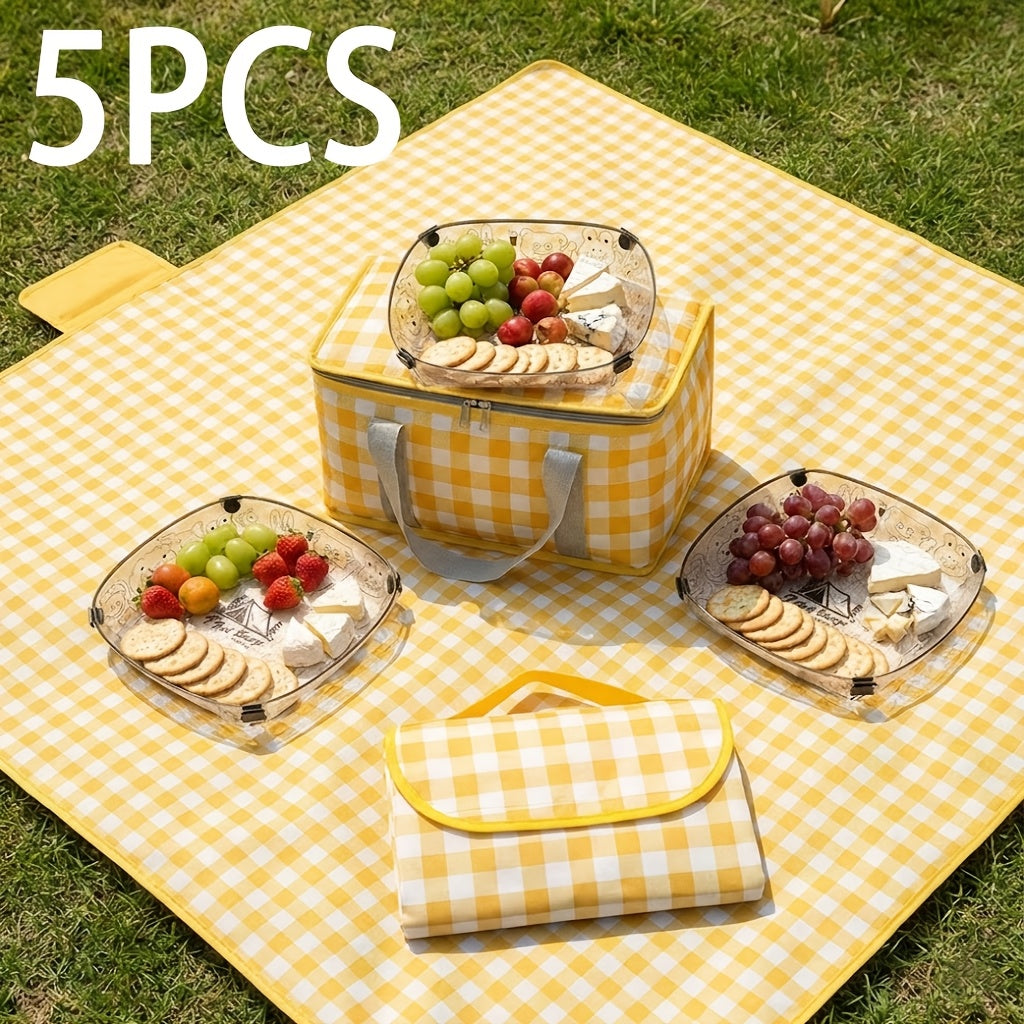 Picnic Bag & Mat Set, Deluxe Insulated Leakproof Large Capacity Cooler Bag, Waterproof Foldable Picnic Blanket, All-in-One Outdoor Supplies for Camping Hiking Beach Travel BBQ Family Party Non-Food Direct Contact