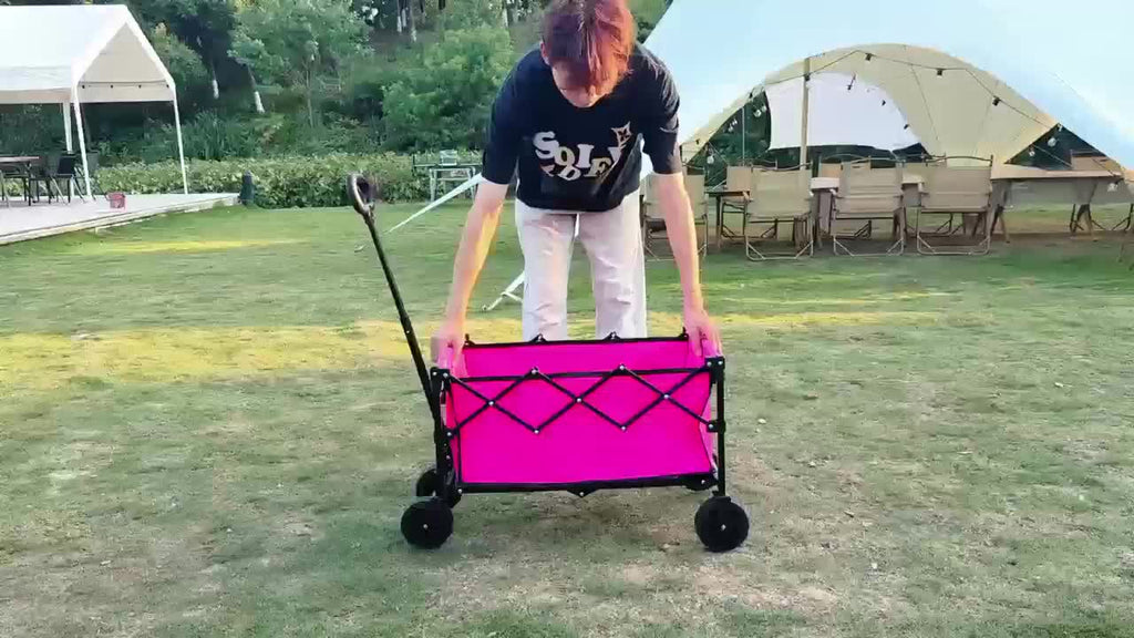 Heavy-Duty Collapsible Handcart with a Stainless Steel Frame And 600D Oxford Fabric, Equipped with All-Terrain Wheels, Ideal for Camping, Gardening, Beach Outings, Shopping, And Transporting Goods. It Features Compact Storage And a Robust Design