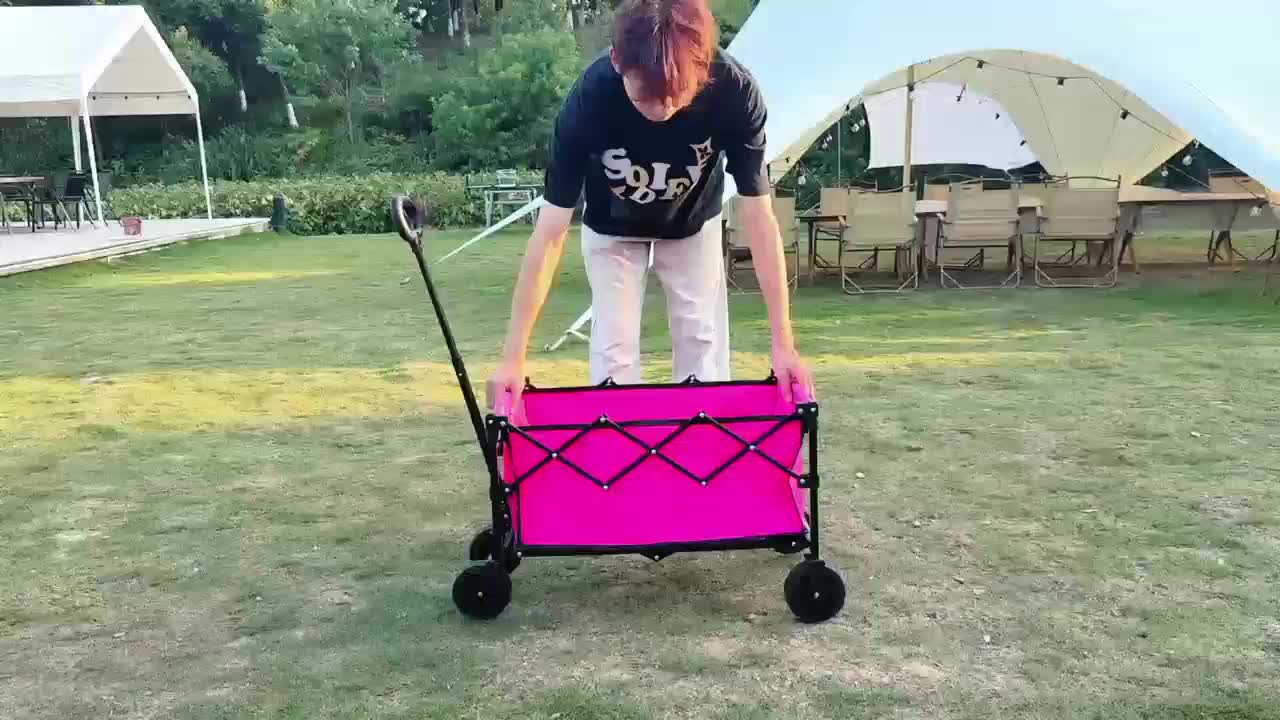 Heavy-Duty Collapsible Handcart with a Stainless Steel Frame And 600D Oxford Fabric, Equipped with All-Terrain Wheels, Ideal for Camping, Gardening, Beach Outings, Shopping, And Transporting Goods. It Features Compact Storage And a Robust Design