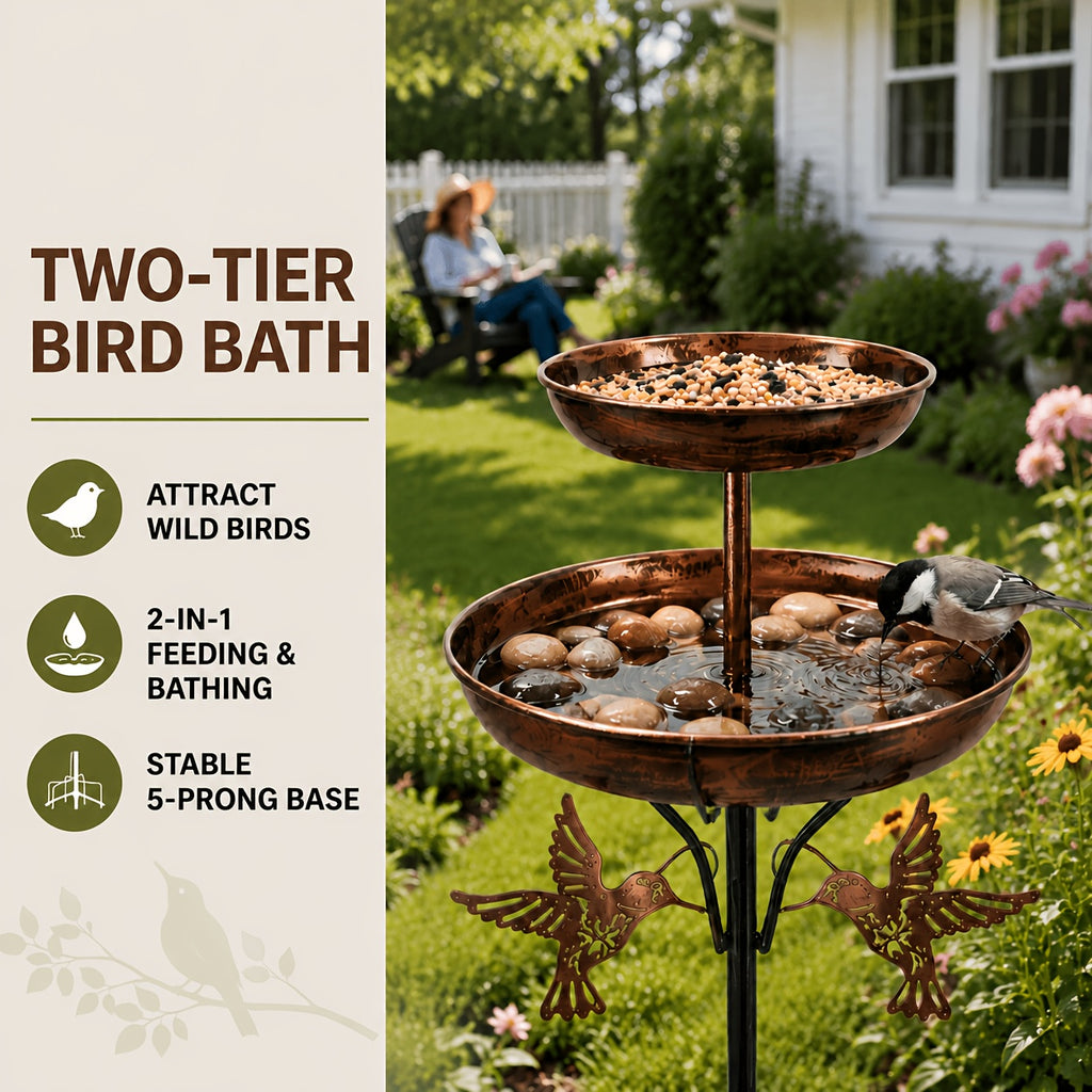 44-Inch Heavy Metal Double-Layer Bird Bath, Large Capacity Water And Food Bowl, Five-Claw Stable Base, Rust-Resistant, Durable And Easy to Install, Retro Bronze Outdoor Garden Decor, Multi-Functional Bird Feeder
