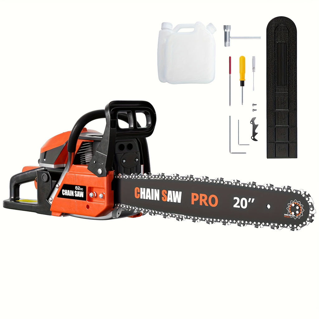 62CC Professional Chainsaw with 20, 22, 18, and 24 Inch Options, Featuring a 2-Stroke Engine, Ergonomic Non-Slip Handle, and Dual Fuel Tanks, Ideal for Cutting Wood, Trimming Trees, and Clearing Land