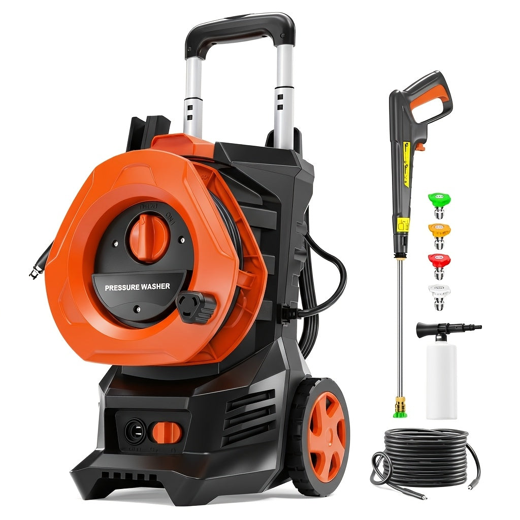 Electric Pressure Washer with 25FT Hose, 4 Nozzles And Foam Cannon - 4800PSI MAX 2.6 GPM Power Washer for Cars, Fences, Patio - US Plug, Metal Construction, Fence Cleaning | Robust Outdoor Tool, Pressure Washer Additions, Blue And Yellow