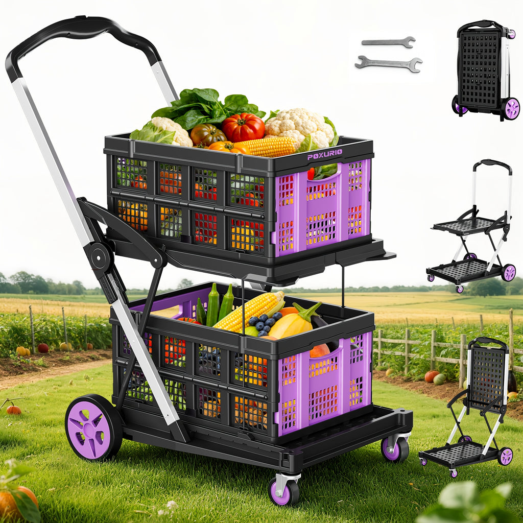 Portable Collapsible Shopping Cart with Wheels, 210LBS Heavy Duty Grocery Cart with Two Storage Crate, Agricultural Cart, High-Capacity Utility Cart, 360° Swivel Wheels, for Shopping, Picnic, Office Farm, Garden, Yard And Agricultural Use
