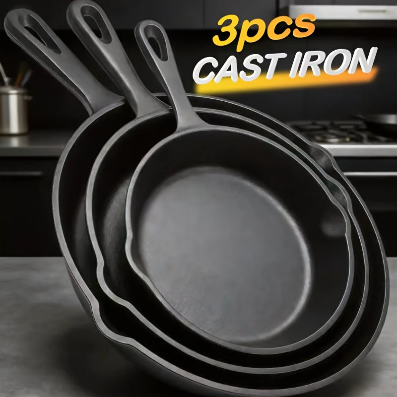 3pcs Heavy-Duty Cast Iron Skillet Pan Set - Pre-Seasoned Round Cookware with Stovetop & Even Heat Distribution, Featuring An Uncoated Skillet with A Handle, Versatile for Home Cooking, Outdoor Camping Grilling, Steaks, And Omelettes