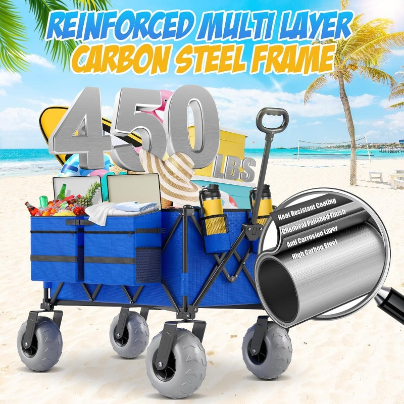 [Beach Cart & Wagon] Heavy-Duty Large Wheel Beach Cart & Transport Wagon with 450 lbs Capacity, 68.68gal Capacity, 9-Inch All-Terrain Tires, Foldable Design, Adjustable Handlebar & Storage Bag & Cooler - Sturdy Multi-Layer Carbon Steel Frame, Reinforced P