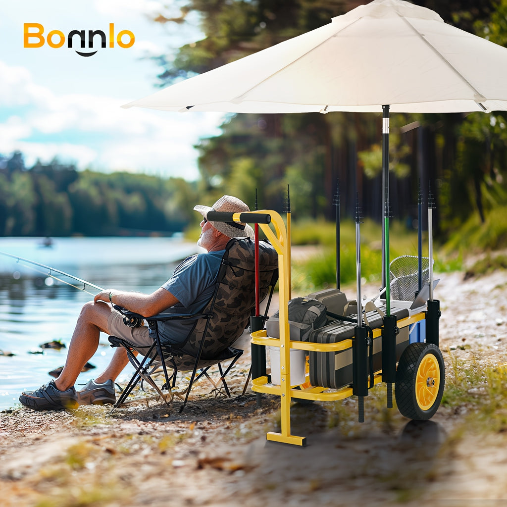 Outdoor Fishing Cart, Sturdy Steel Frame, with 12" PU Wheels, 7 Fishing Rod Tubes, Large Capacity, for Beach, Surfing, Kayak, Yellow, 1pc