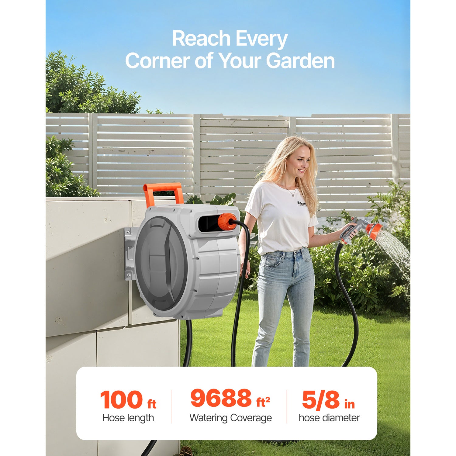 VEVOR Retractable Garden Hose Reel, 1/2 inch / 5/8 Inch x 65ft / 85ft / 100ft Wall Mounted, Heavy Duty with 9-Pattern Nozzle, Adjustable Length Lock, Upgraded Slow Return System & 180° Swivel Bracket