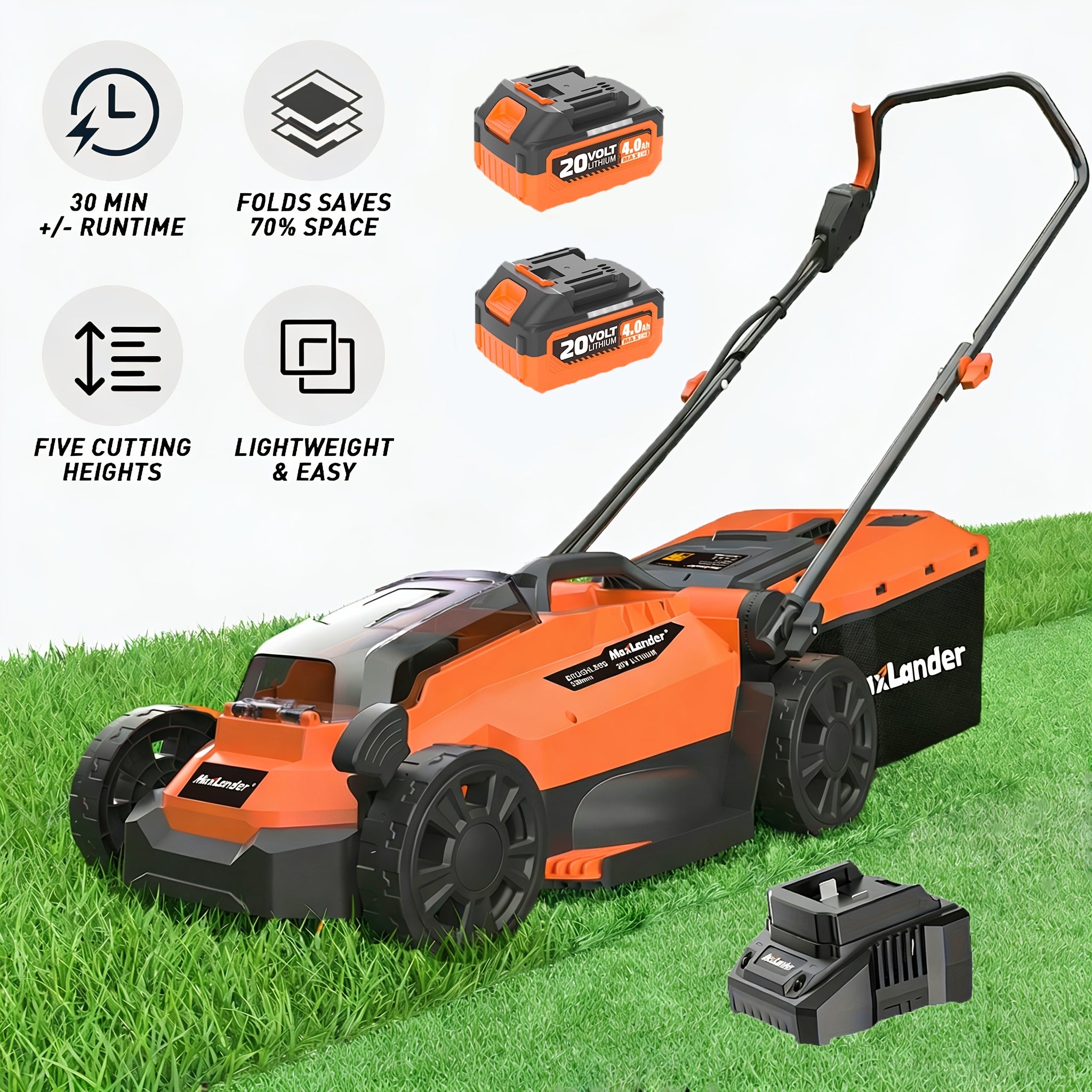 Maxlander 13-Inch Cordless Lawn Mower, 20V 2-In-1 Electric Grass Cutter, Walk-Behind Push Mower, 5-Position Height Adjustment, 2-In-1 Brushless Motor, 1 X 4.0Ah Battery Or 2 X 4.0Ah Batteries, Gifts for Father Husband