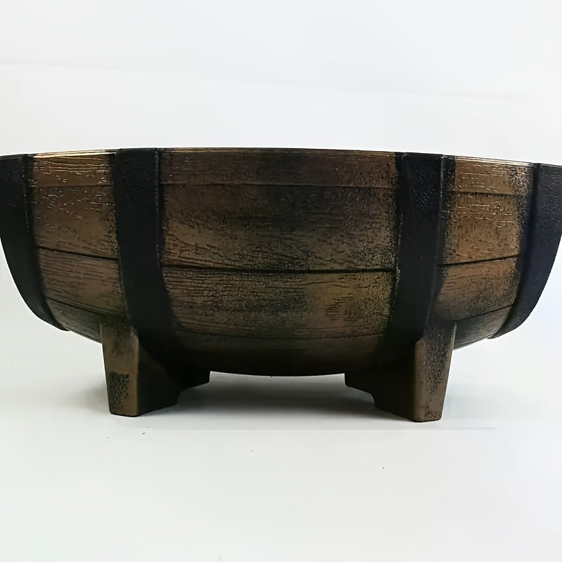 Large Diameter 16.54inch Creative Gardening Vintage Imitation Wooden Tub Plastic Flower Pot, Large Thickened Plastic Planting Pot, Faux Weathered Balcony Planter with Drainage Tray
