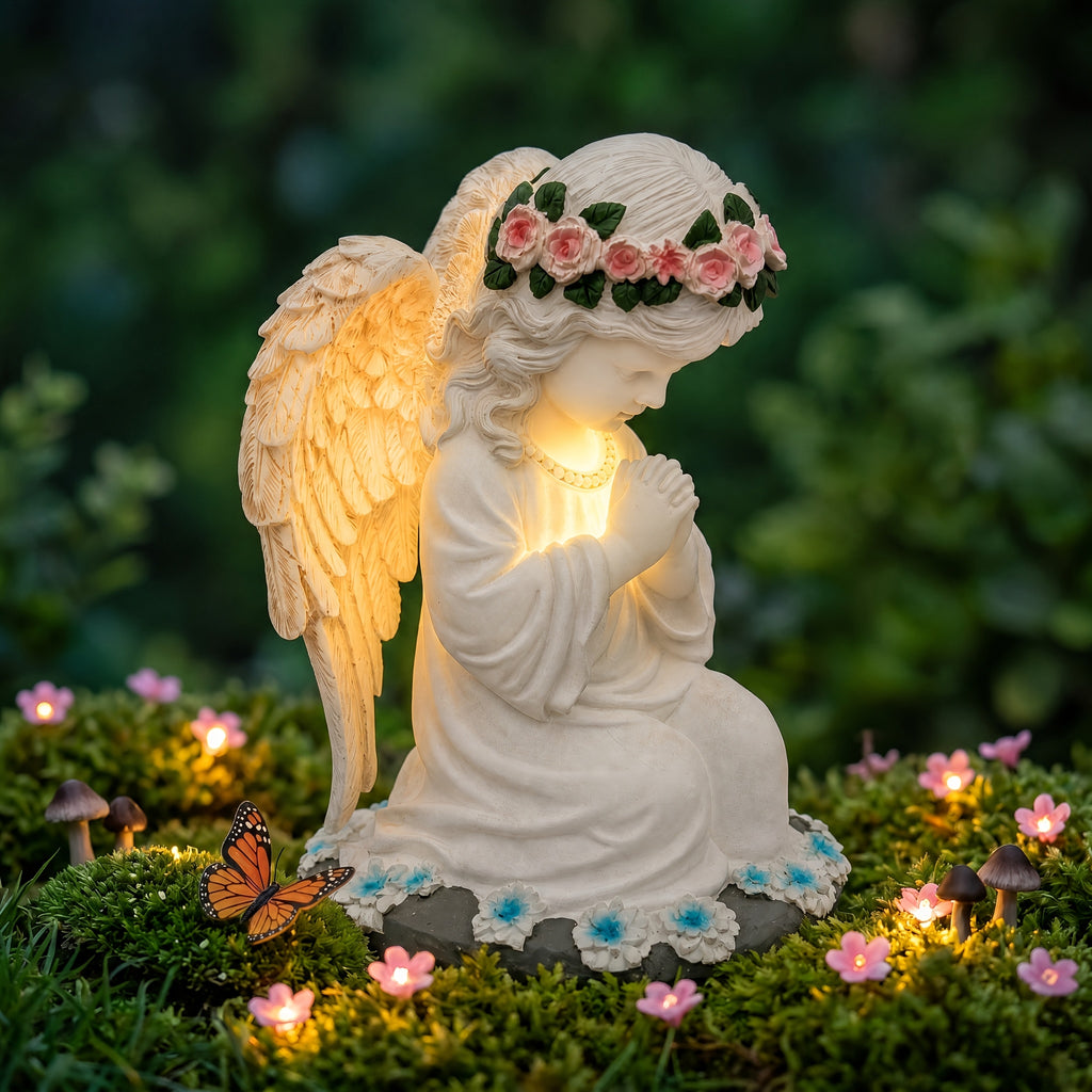 Solar Angel Garden Statue, Outdoor Lawn Decor Figurine Light, Resin Flower Sculptures with LED Lights, Art Housewarming Ornament Gift for Yard Fairy Backyard Lawn Patio Porch Balcony