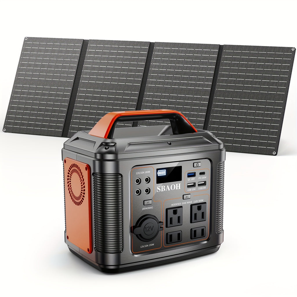 SBAOH 300W Portable Generator 296Wh 8000mAh Solar Generator & 60W Solar Panel with AC & DC Output/Fast Charging/Flashlight/ RV/Emergency Backup/Camping, Orange